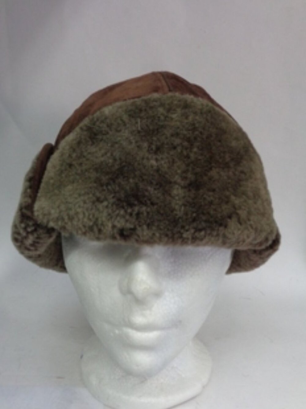 MINT BROWN SHEARLING LAMB FUR & SUEDE HAT CAP MEN MAN SIZE 23" DISCOLORED